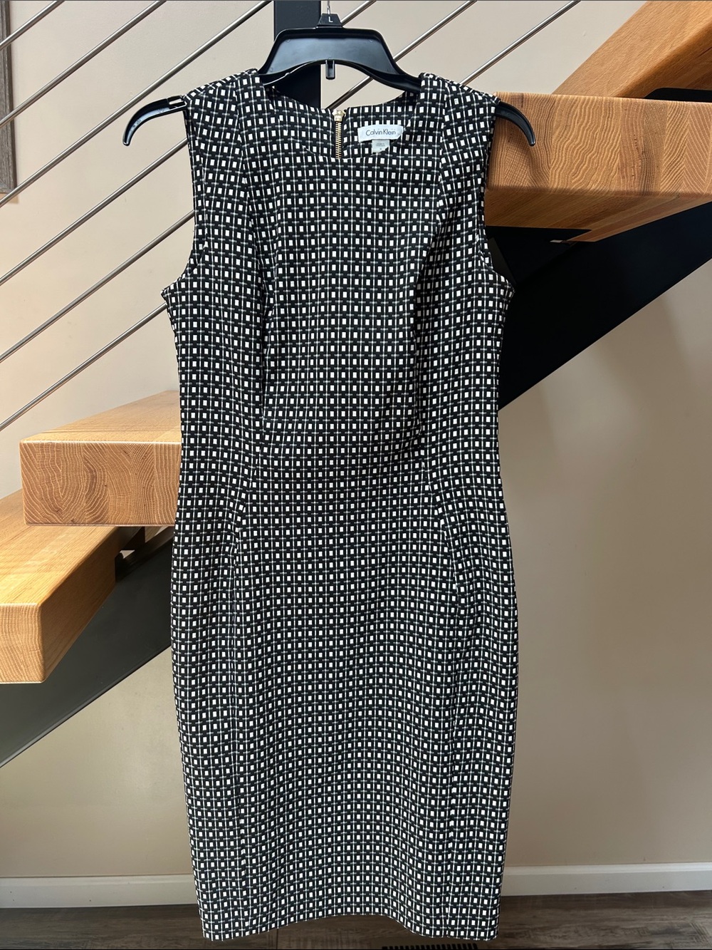 Calvin Klein Black and White Geometric Sleeveless Midi Sheath Dress
